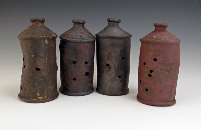 ceramic shot-up rusty conetop beer cans