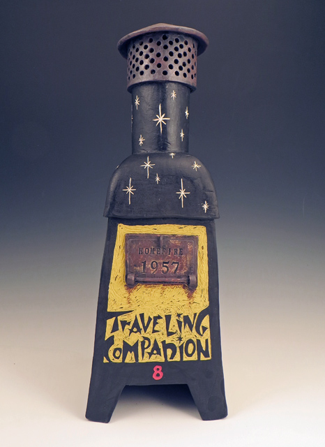 Ceramic Incinerator Sculpture Front with title and Traveling Companion