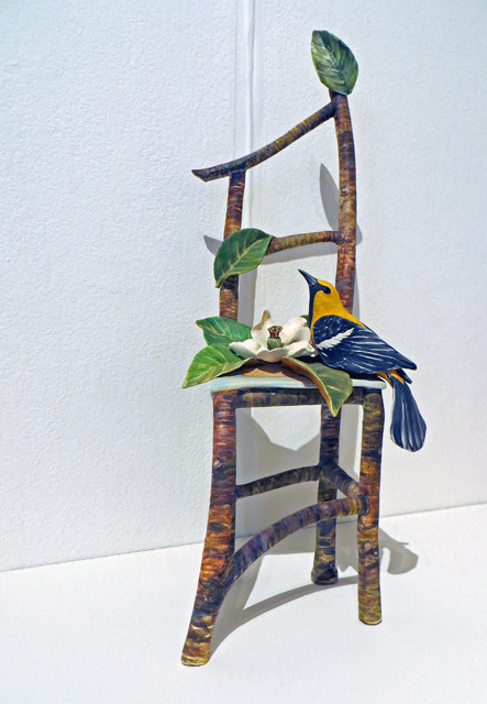 Ceramic Sculpture of chair, oriole and magnolia