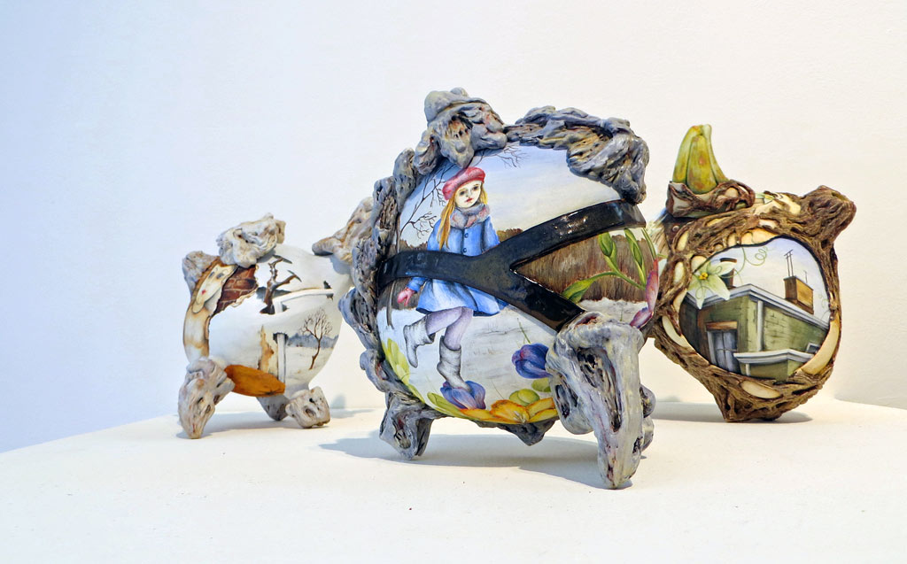 Three freeform and illustrated ceramic teapots by Julia Feld