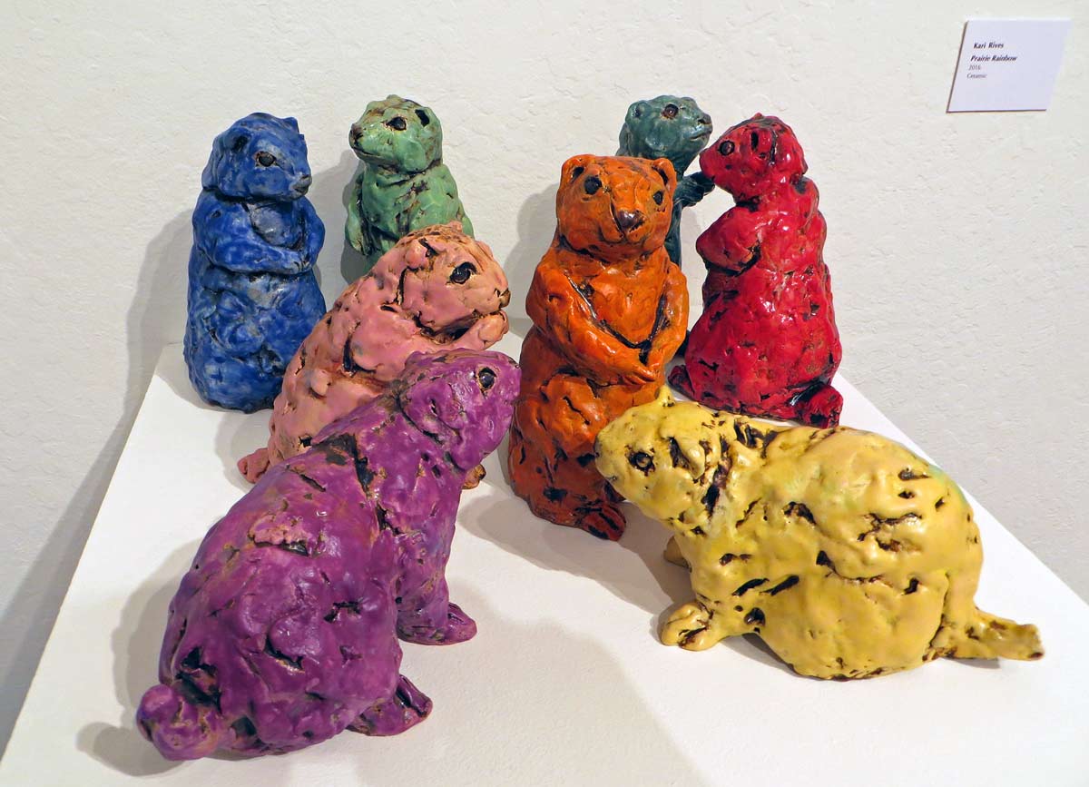 Eight Ceramic Prairie Dogs in Rainbow colors by Kari Rives