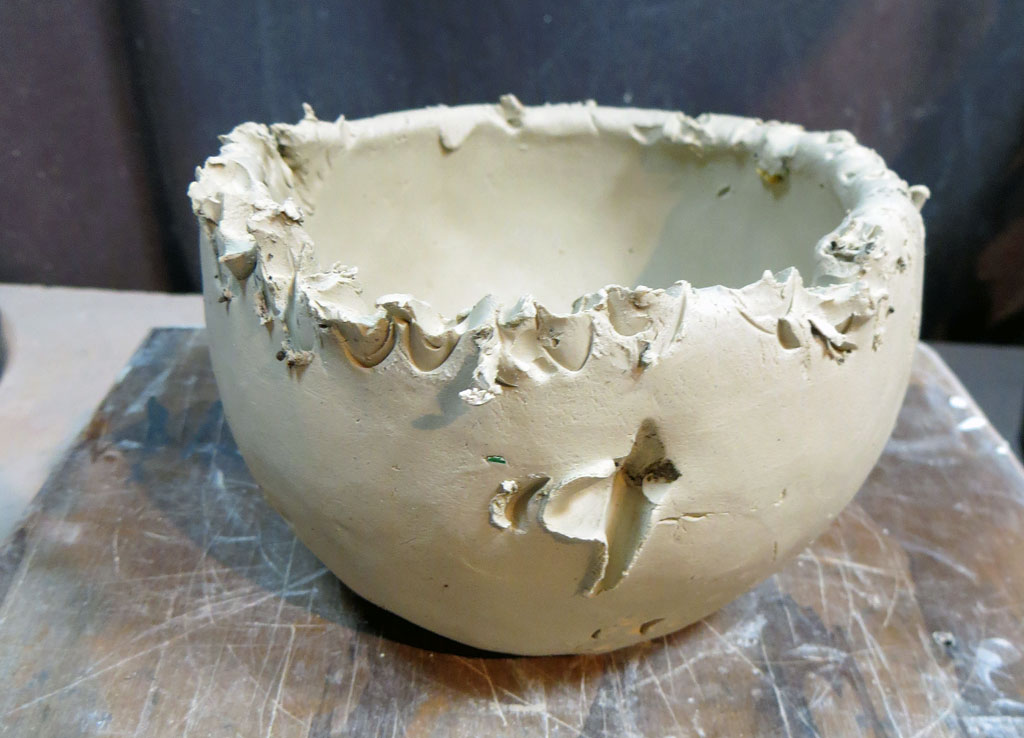 All pecked leatherhard clay bowl