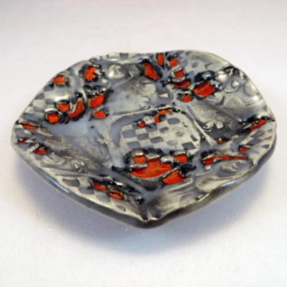 Small Worx Series: Round Small Dish in Textures of Grays, Black and Red